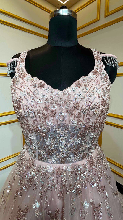 Blush pink gown with crystal & sequins work on net