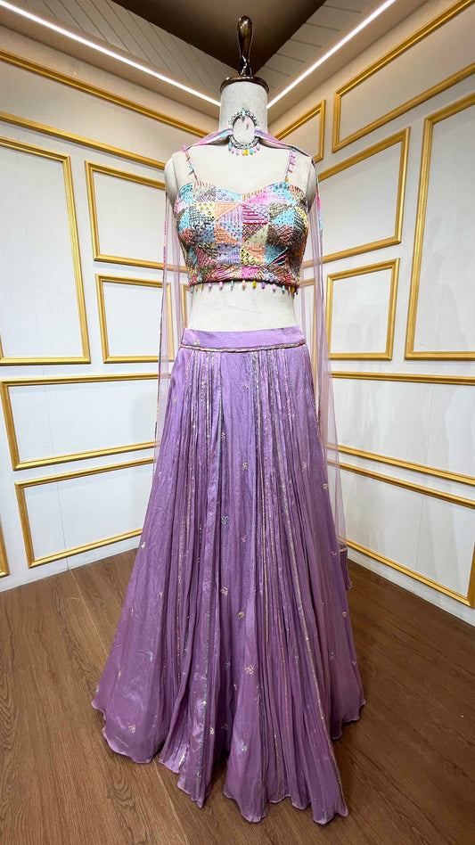 Lavender lehenga with multicolor pearl & mirror work on choli in chinon