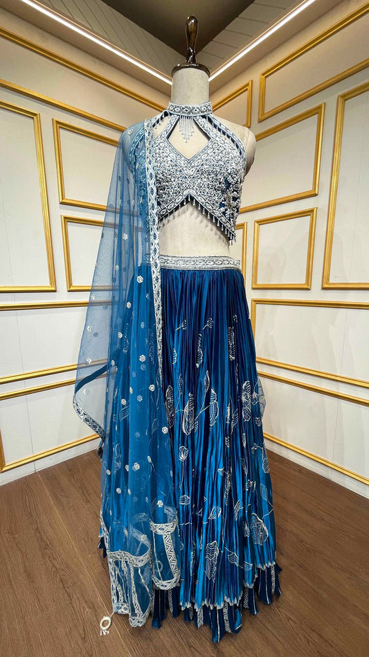 Peacock blue organza lehenga choli with pearl & sequins