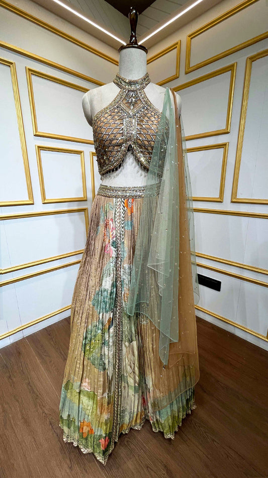 Copper gold tissue lehenga choli with sequins & cut dana work