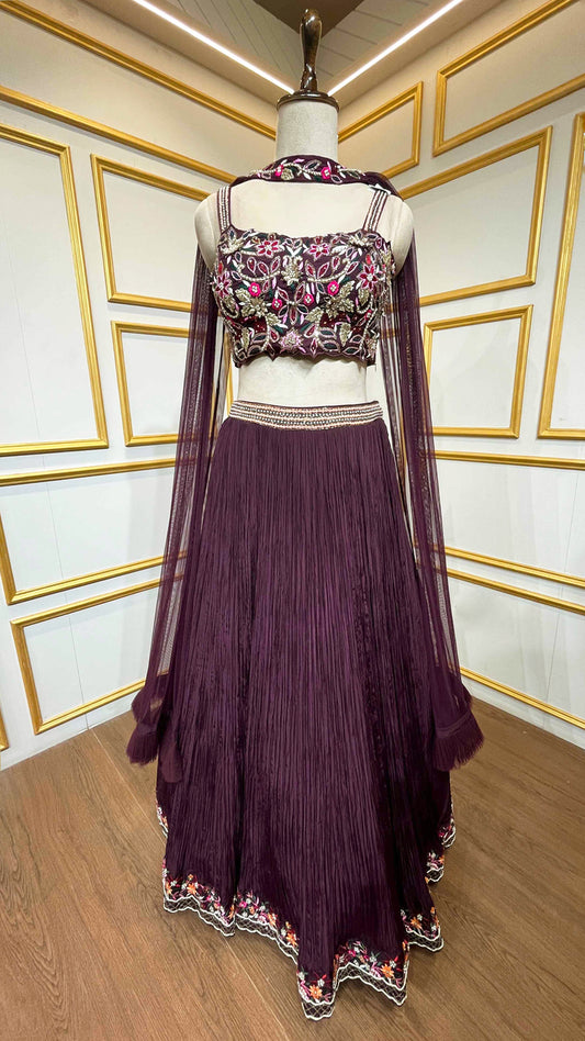 Wine lehenga with resham & cut dana work on choli in crushed georgette