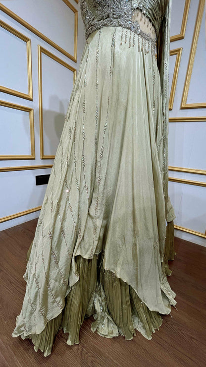 Brushed gold tissue gown with pearl & sequins work