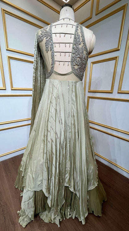 Brushed gold tissue gown with pearl & sequins work