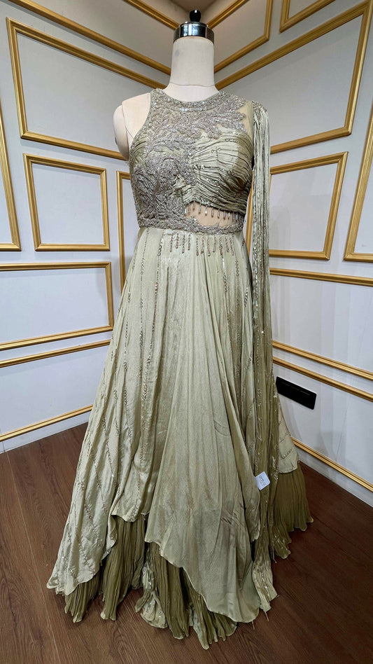 Brushed gold tissue gown with pearl & sequins work