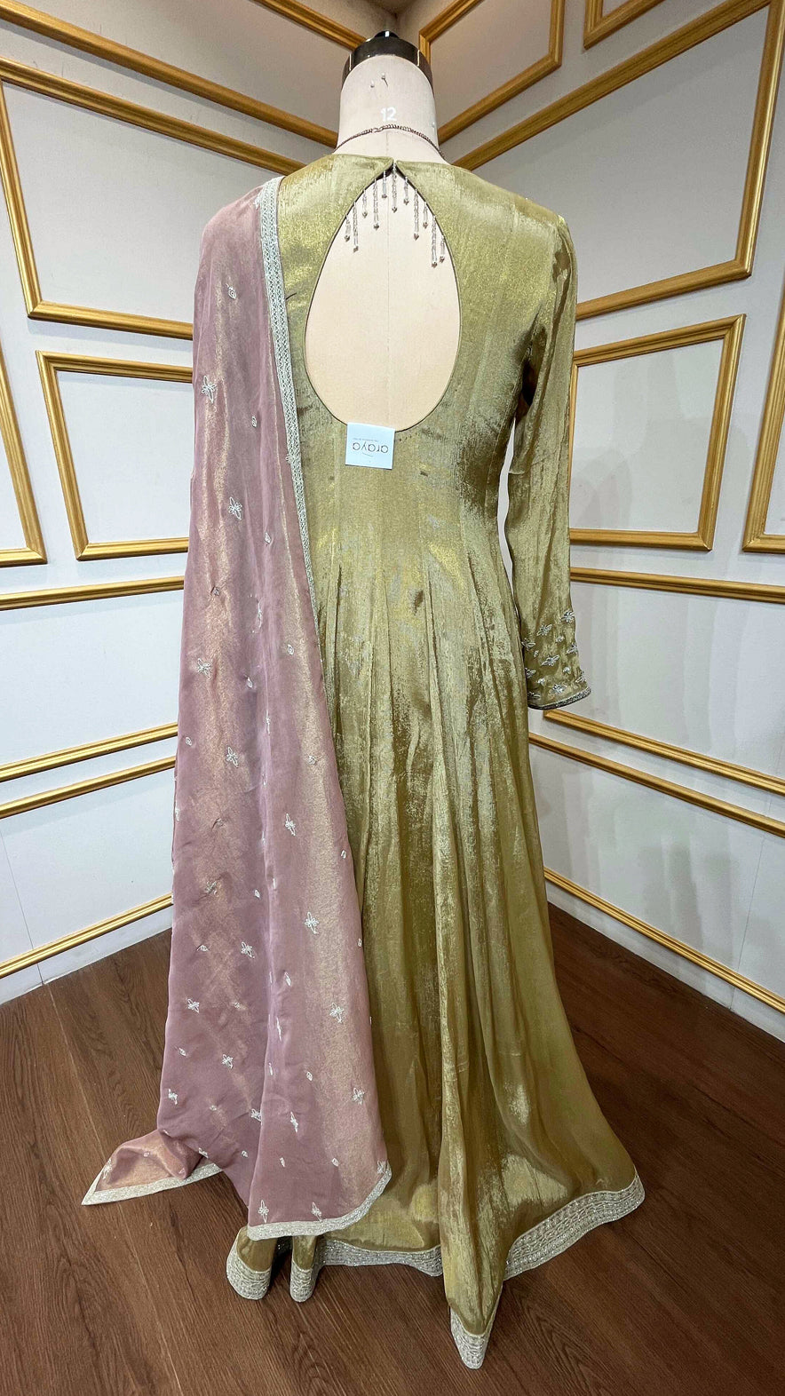 Mehendi green anarkali with zari & mirror work in tissue organza & contract dupatta