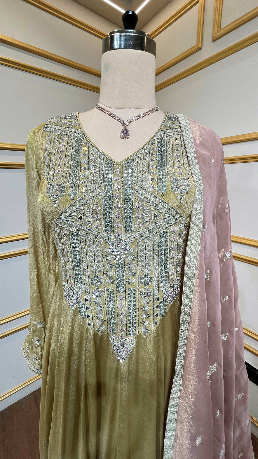 Mehendi green anarkali with zari & mirror work in tissue organza & contract dupatta