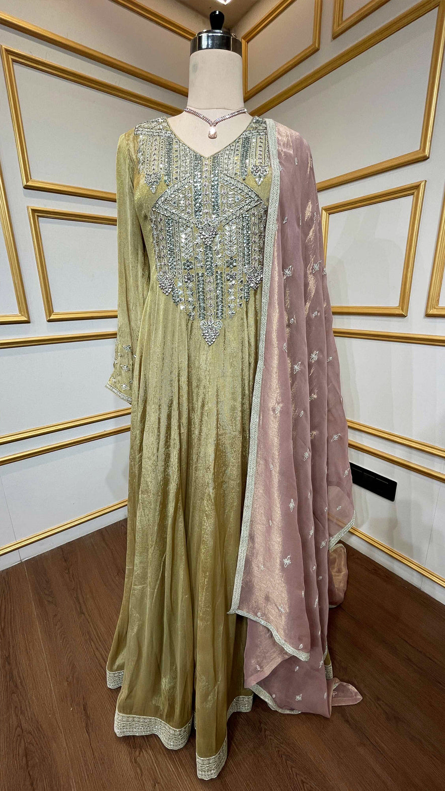 Mehendi green anarkali with zari & mirror work in tissue organza & contract dupatta