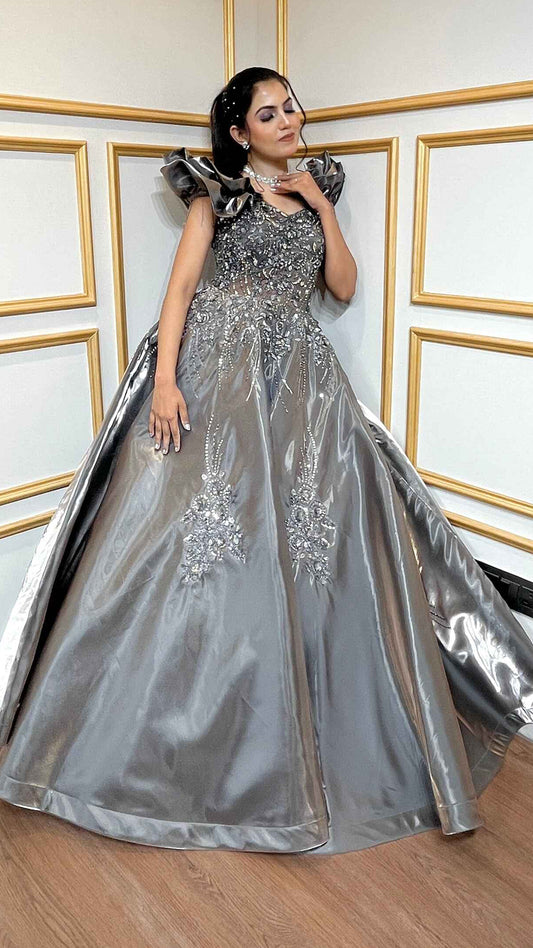 Metallic Grey engagement gown with pearl & crystal in organza