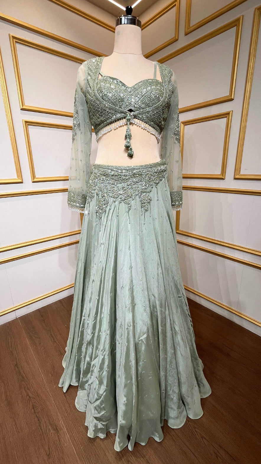 Chinon pista green croptop lehenga with cut dana & sequins