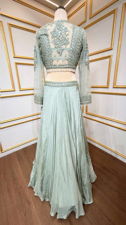 Chinon pista green croptop lehenga with cut dana & sequins