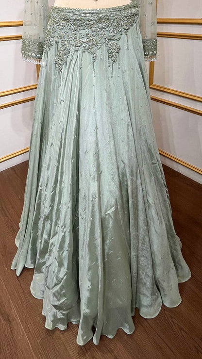 Chinon pista green croptop lehenga with cut dana & sequins