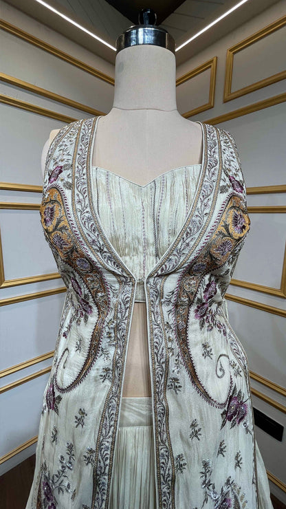Ivory cream crop top skirt with resham & zarkan work jacket in chinon