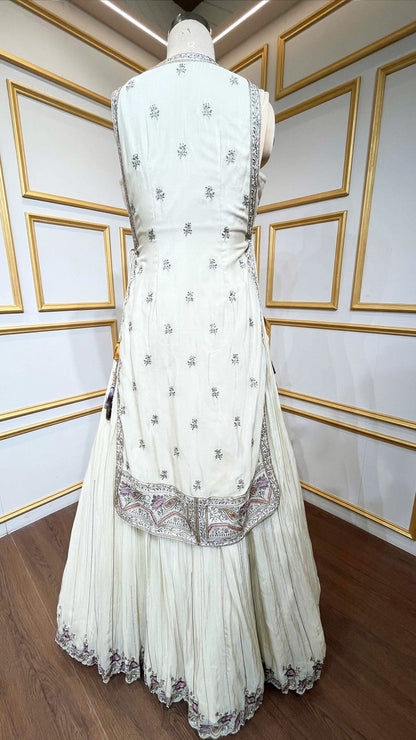 Ivory cream crop top skirt with resham & zarkan work jacket in chinon
