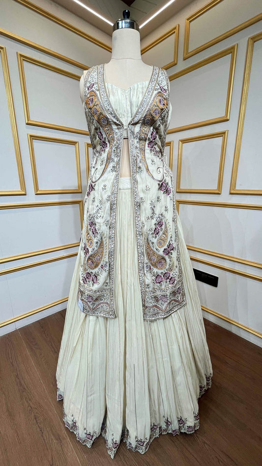 Ivory cream crop top skirt with resham & zarkan work jacket in chinon