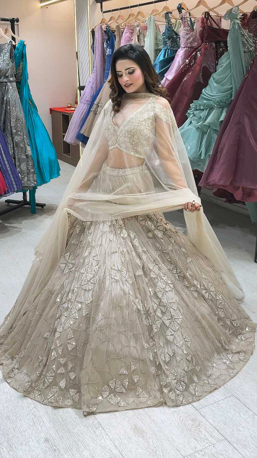 Ivory gold engagement lehenga with zarkan & cut dana work & heavy dupatta