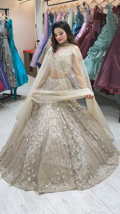 Ivory gold engagement lehenga with zarkan & cut dana work & heavy dupatta