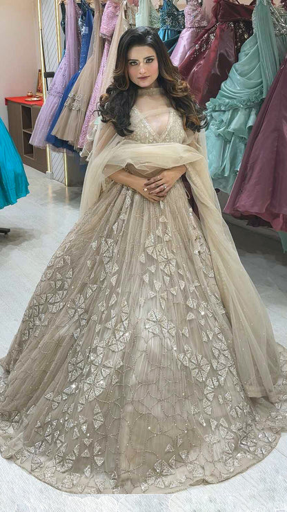 Ivory gold engagement lehenga with zarkan & cut dana work & heavy dupatta