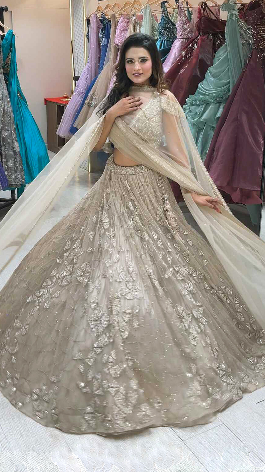 Ivory gold engagement lehenga with zarkan & cut dana work & heavy dupatta