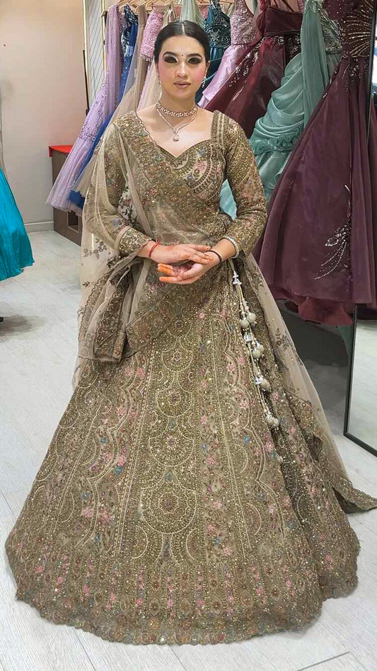 Latte brown net lehenga with zari & zarkan