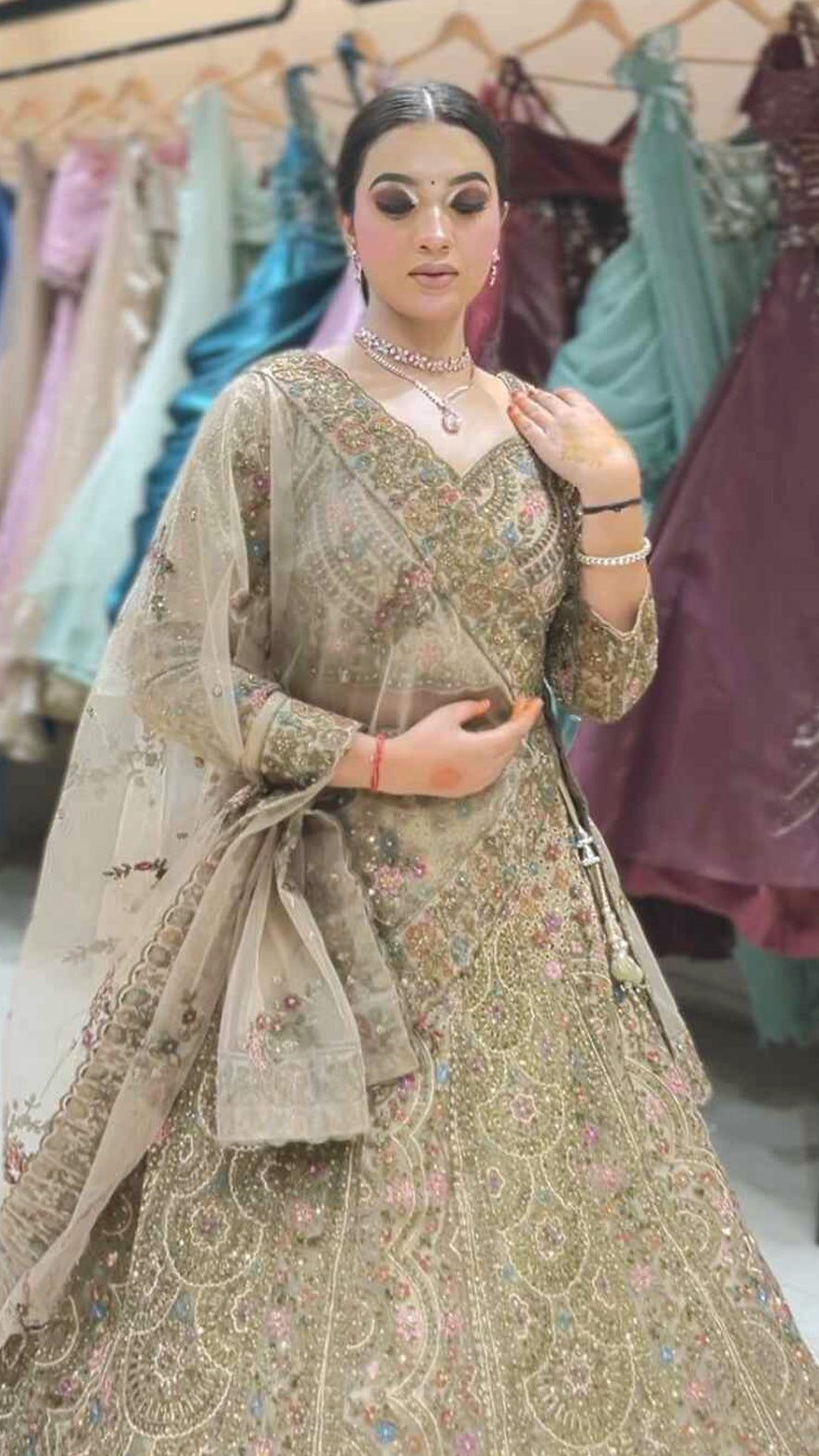 Latte brown net lehenga with zari & zarkan