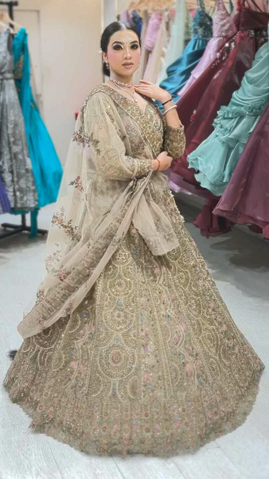 Latte brown net lehenga with zari & zarkan