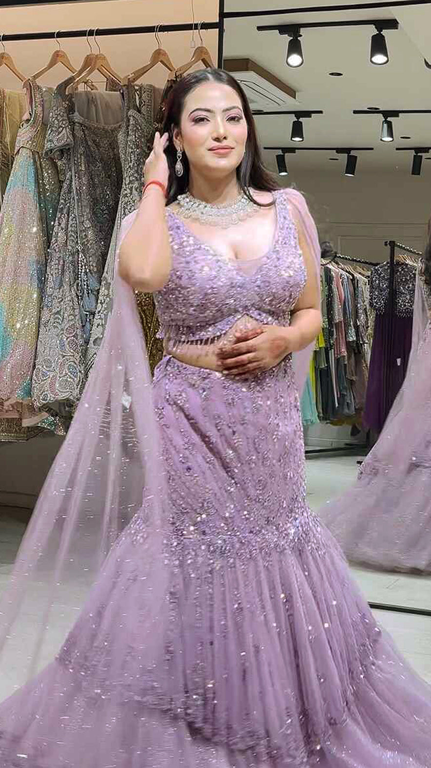 Cut dana & sequins work on lilac mermaid lehenga in net