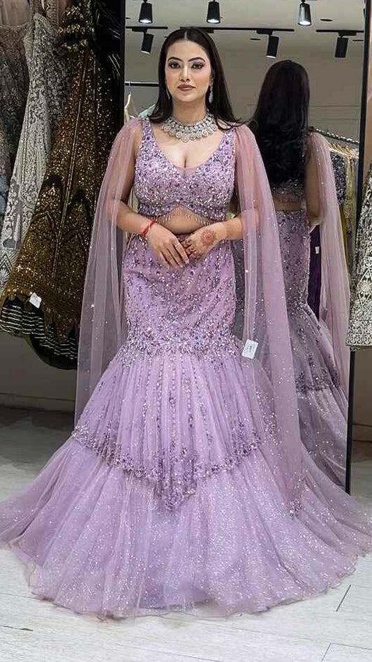 Cut dana & sequins work on lilac mermaid lehenga in net