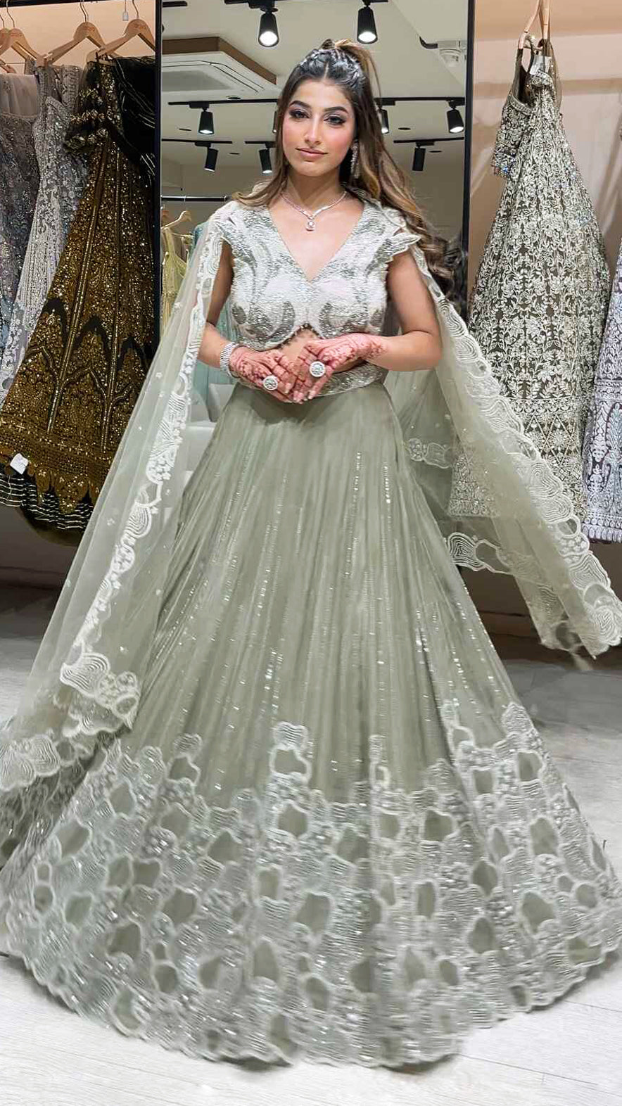 Chinon crop top lehenga with cut dana & pearl work in moss grey