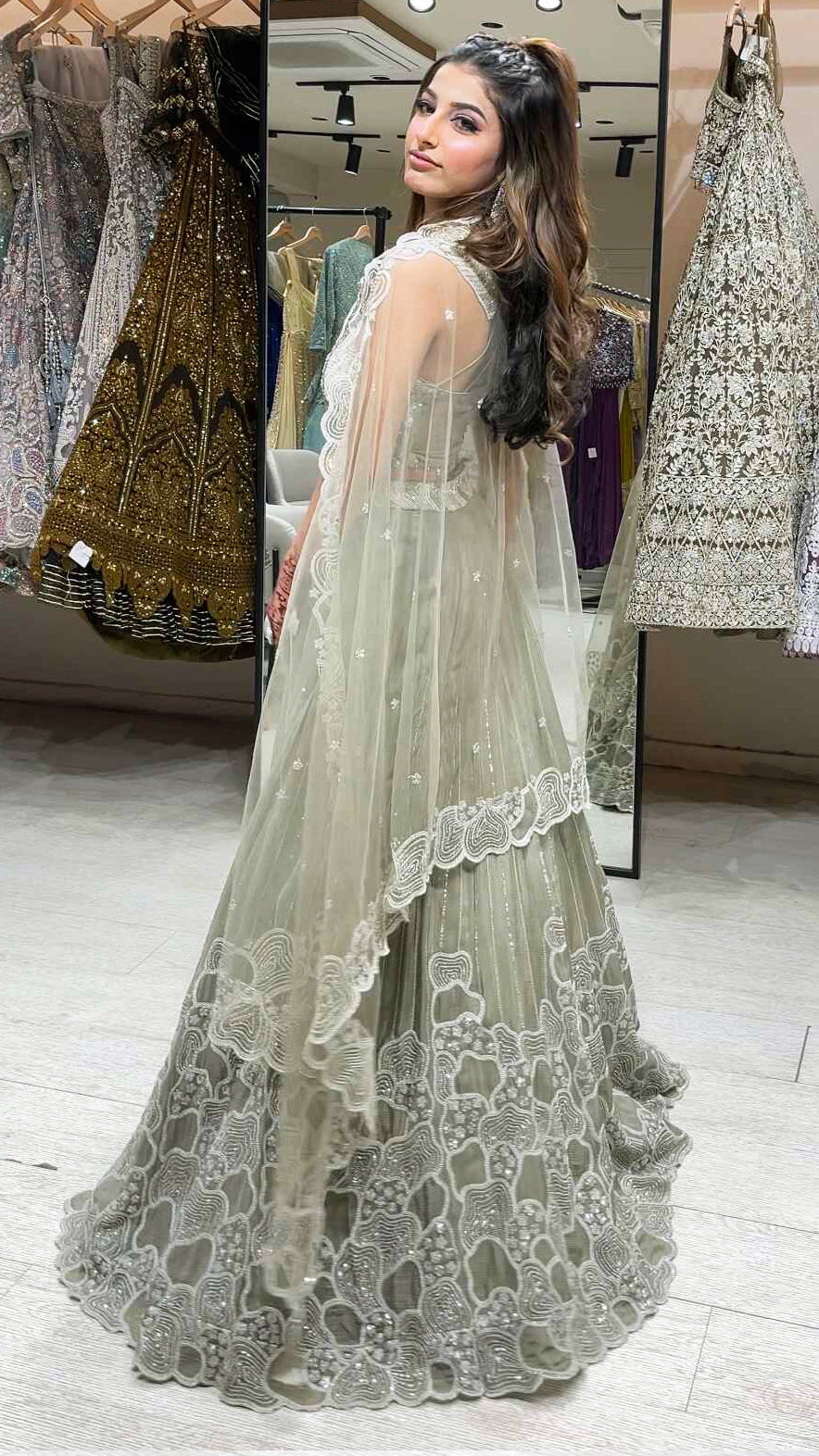 Chinon crop top lehenga with cut dana & pearl work in moss grey
