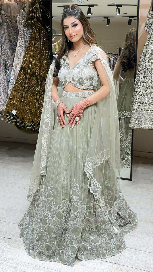 Chinon crop top lehenga with cut dana & pearl work in moss grey