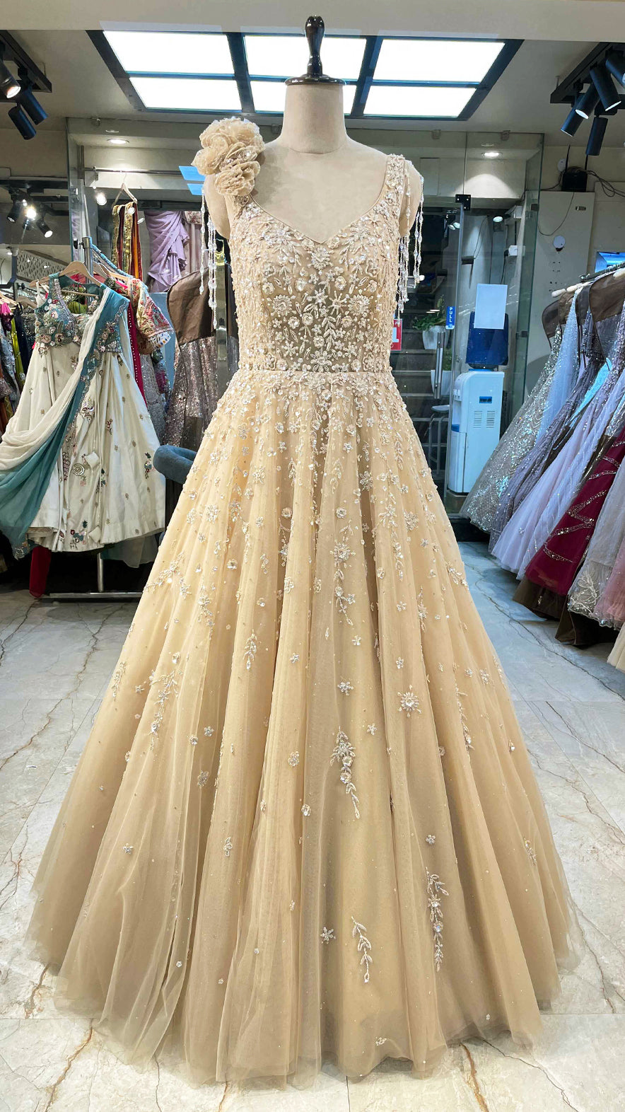 Golden cream net gown with sequins & zarkan work