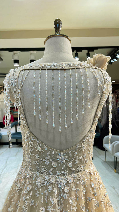 Golden cream net gown with sequins & zarkan work