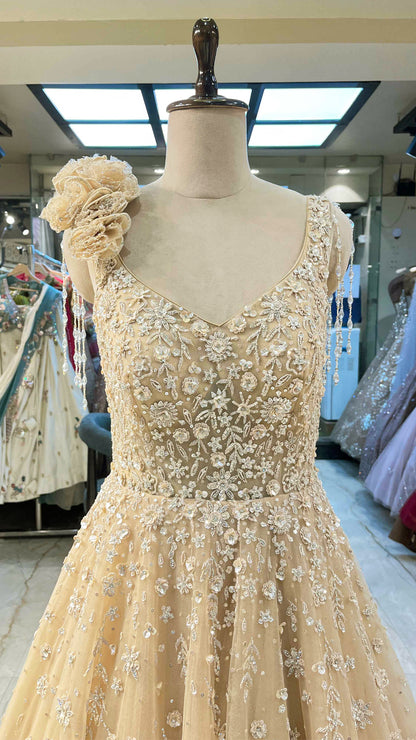 Golden cream net gown with sequins & zarkan work
