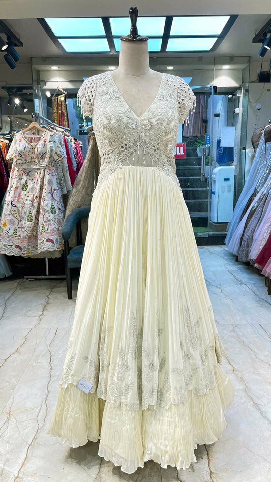 Chinon dress with mirror & cut dana work in cream