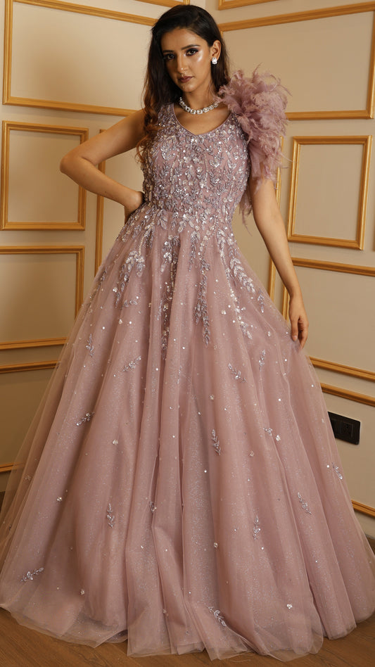 Net engagement gown with sequins & pearl in dusty mauve