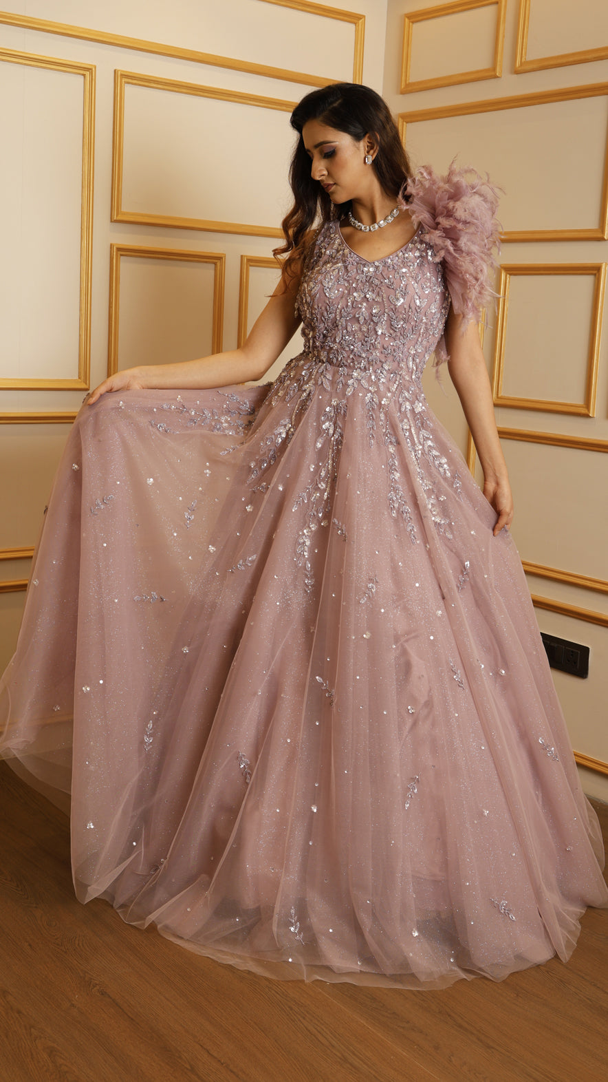 Net engagement gown with sequins & pearl in dusty mauve