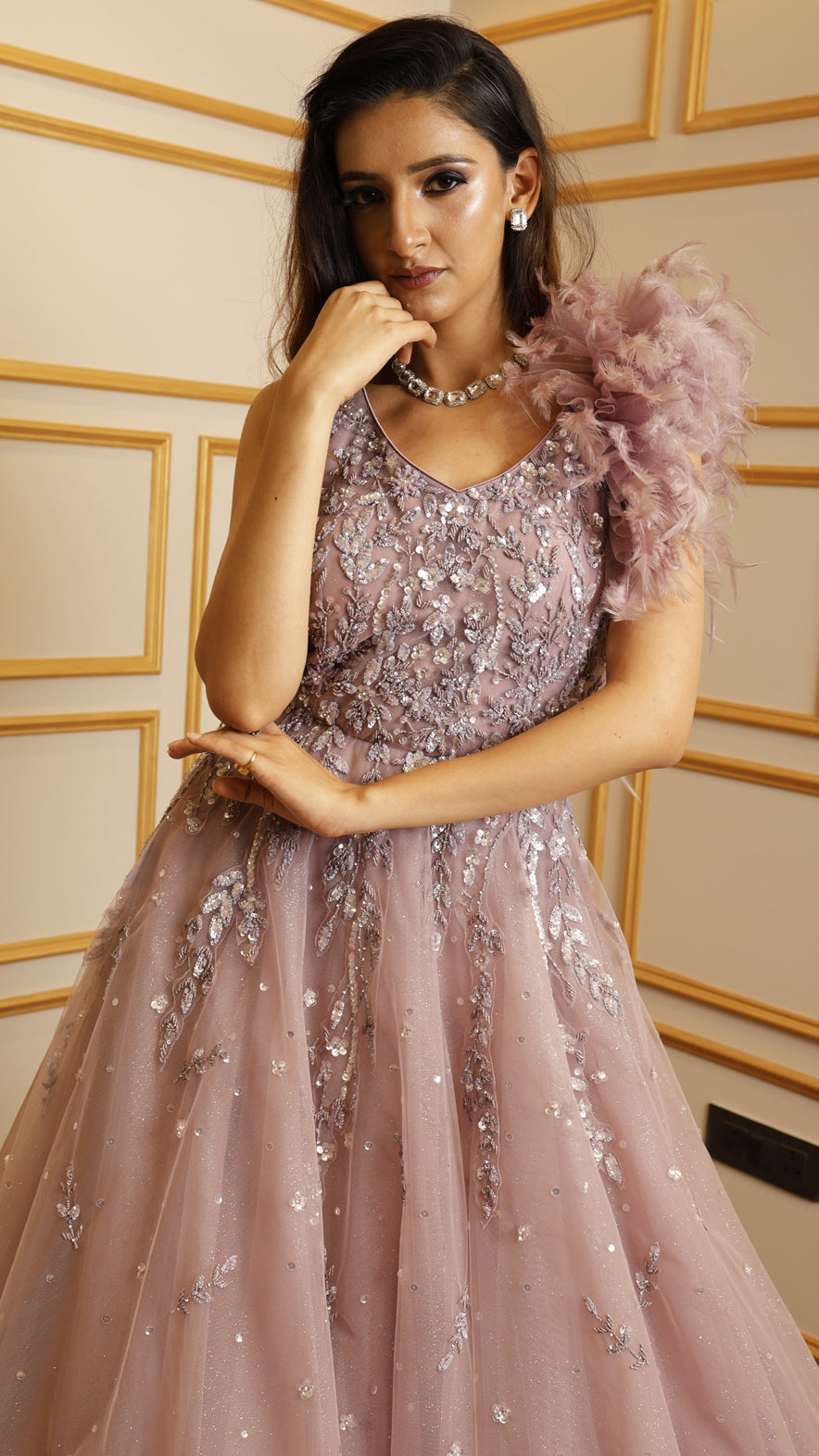Net engagement gown with sequins & pearl in dusty mauve