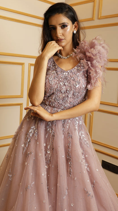 Net engagement gown with sequins & pearl in dusty mauve