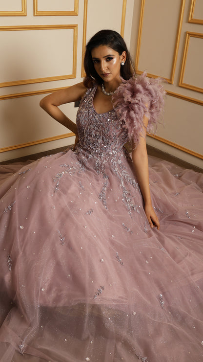 Net engagement gown with sequins & pearl in dusty mauve