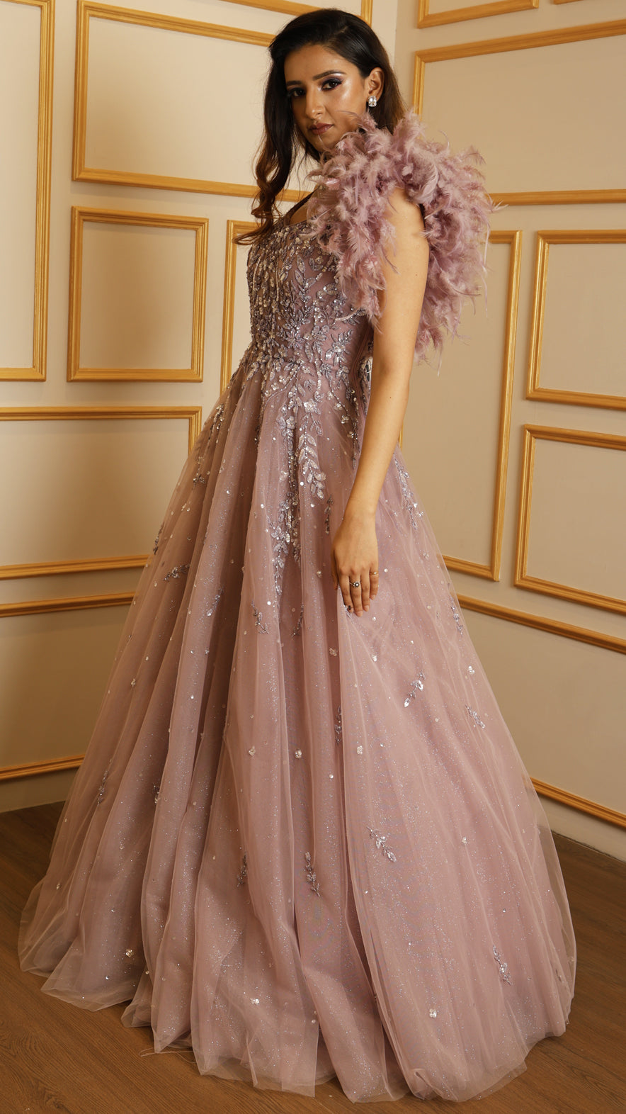 Net engagement gown with sequins & pearl in dusty mauve