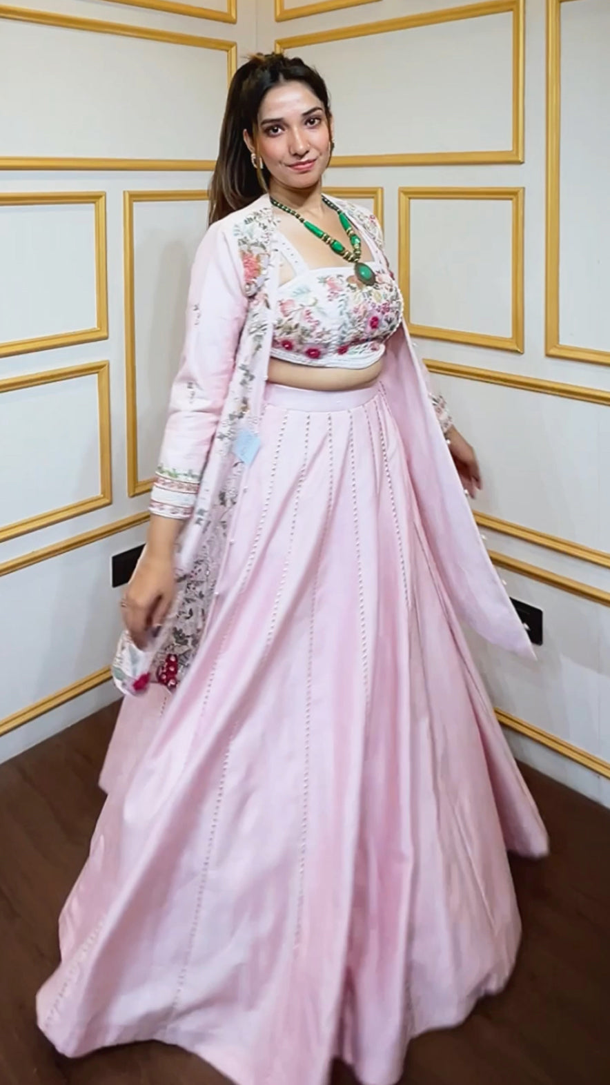 Baby pink color crop top lehenga with heavy handwork shrug