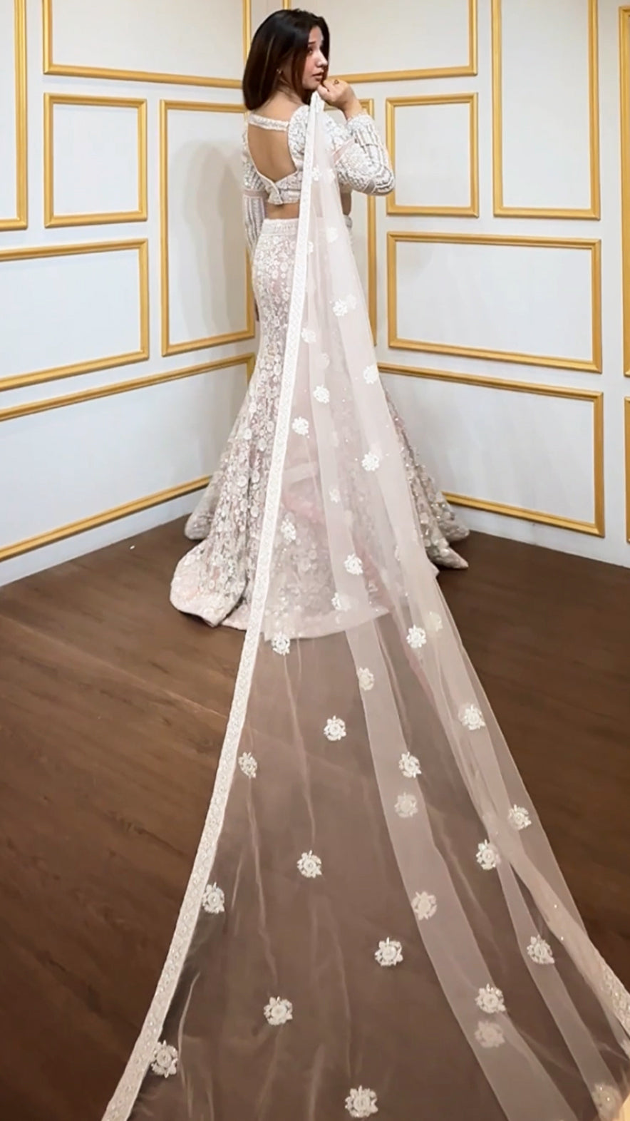 Baby pink mermaid lehenga with pearl & sequins work on net