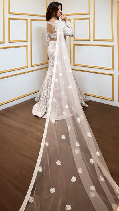 Baby pink mermaid lehenga with pearl & sequins work on net