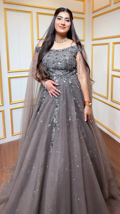 Net off shoulder engagement gown with tube & zarkan work in espresso brown