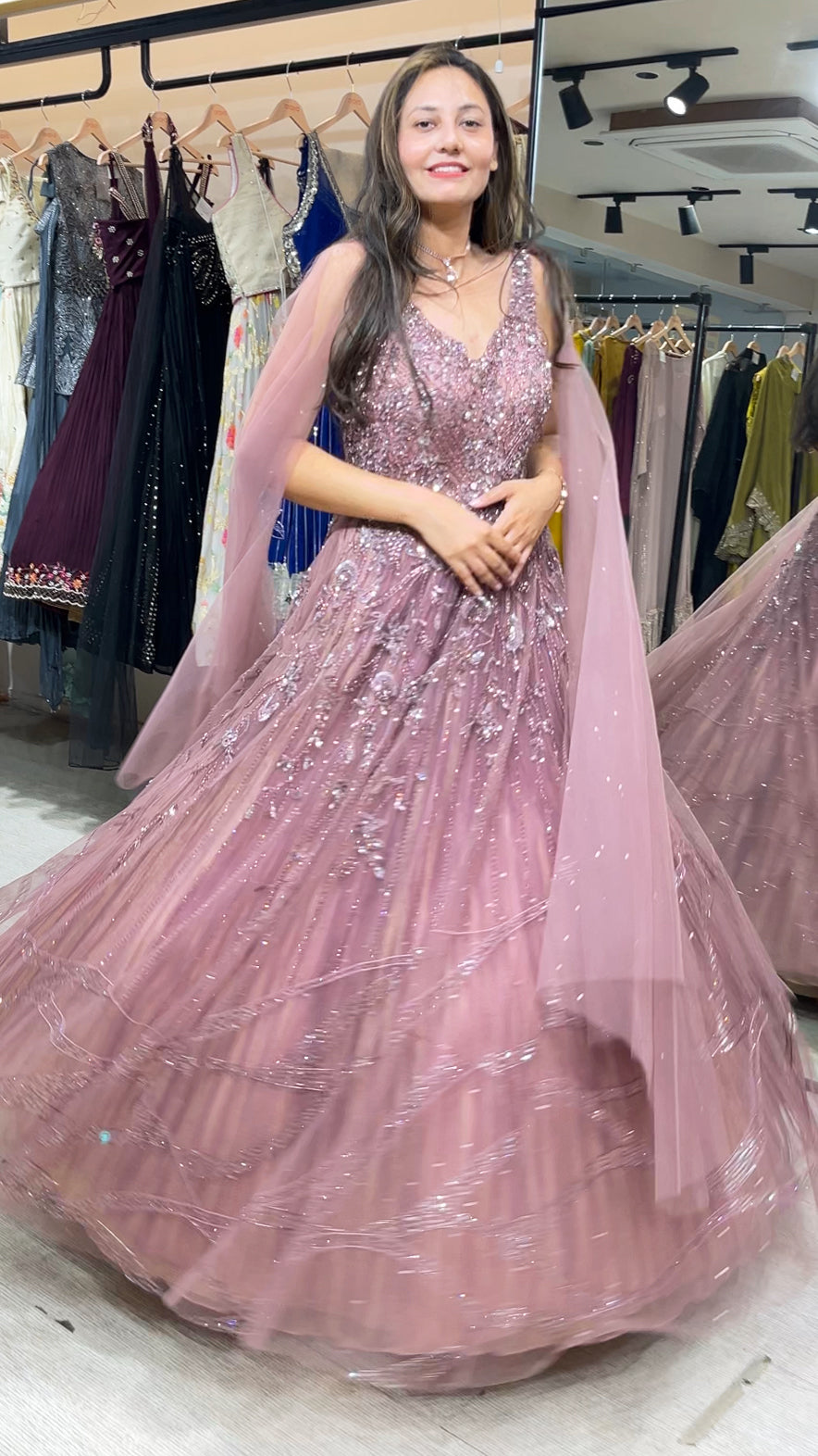 Onion mauve engagement gown with crystal & cut dana work on net