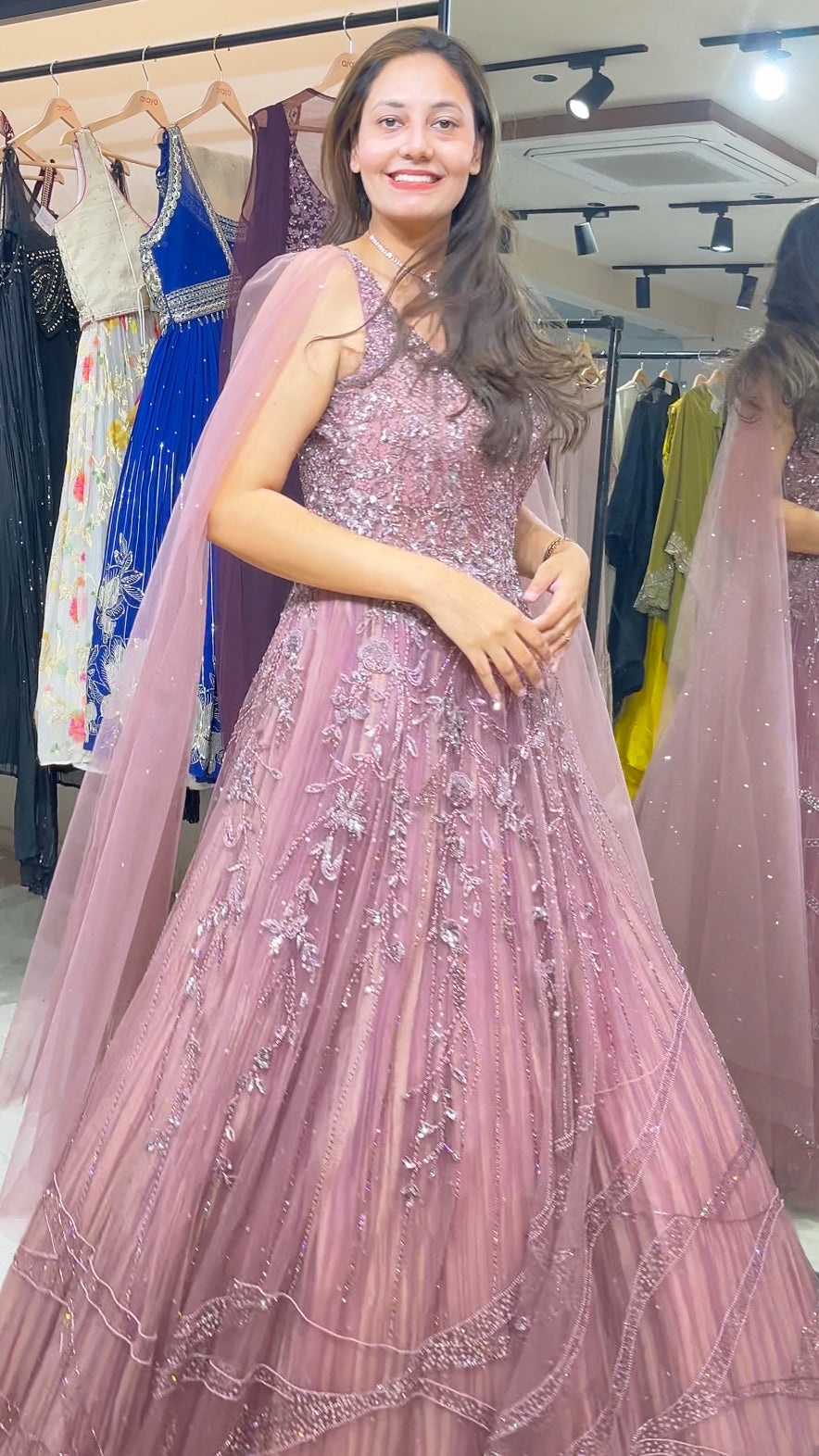 Onion mauve engagement gown with crystal & cut dana work on net