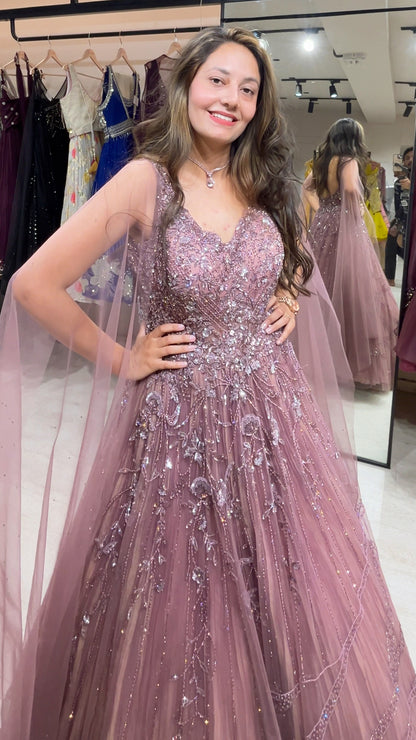Onion mauve engagement gown with crystal & cut dana work on net