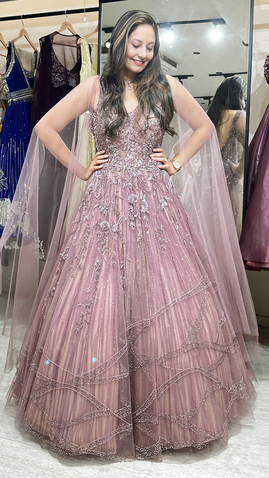 Onion mauve engagement gown with crystal & cut dana work on net
