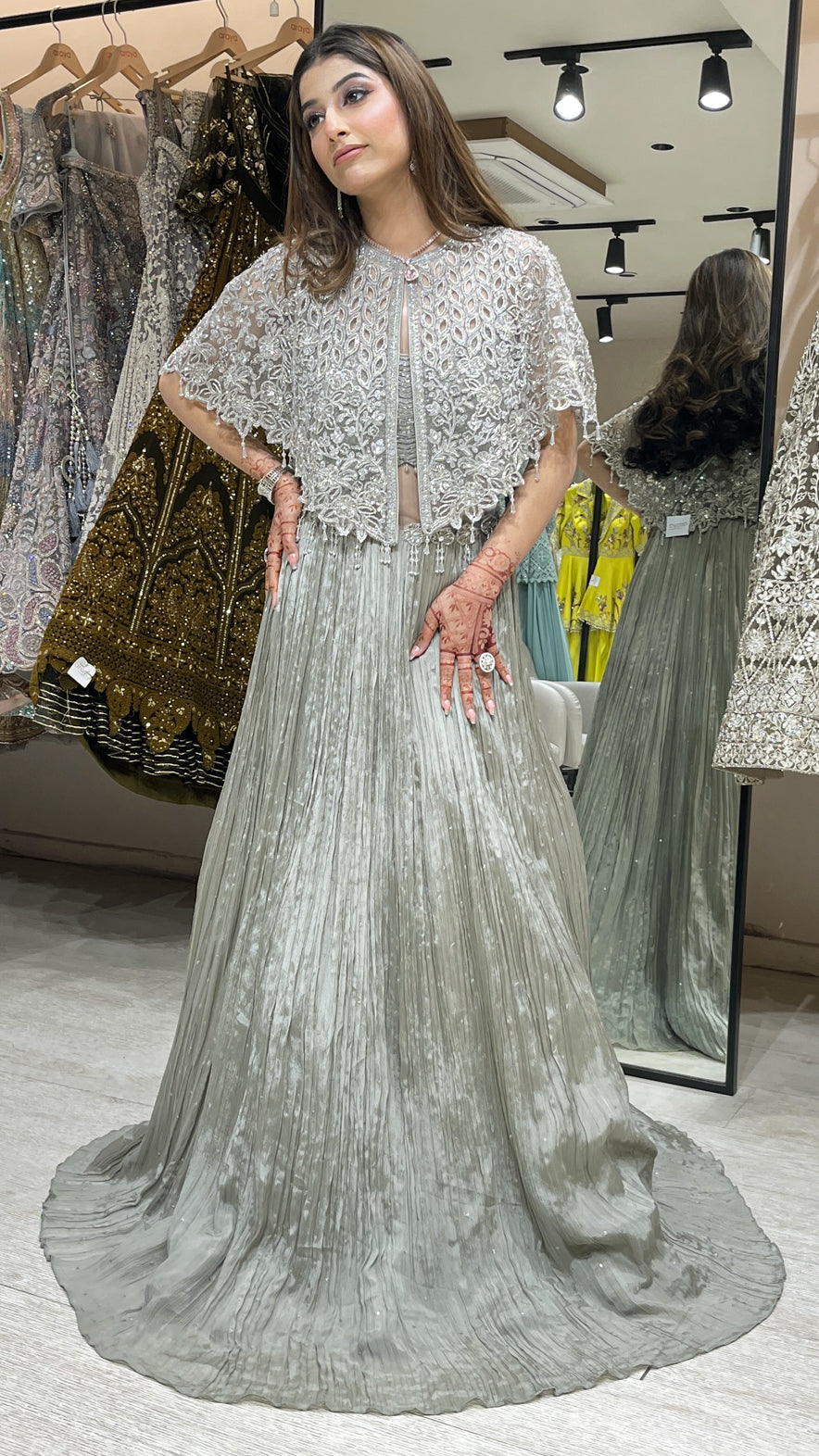 Dark silver gown with pearl & zari work on Cape in chinon