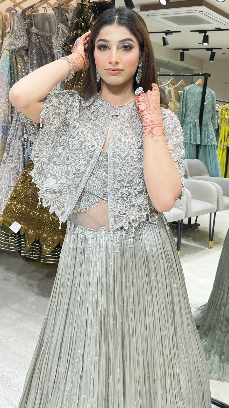 Dark silver gown with pearl & zari work on Cape in chinon